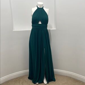 Lovers + Friends Emerald Green Halter Cut Out Backless Pleated Gown Size L